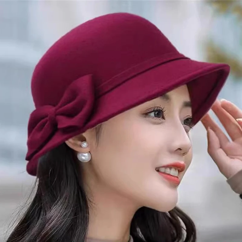 

Шерстяная шапка с красным узлом Ele Briti Sle, осенне-зимняя женская модная шапка для повседневной одежды для женщин среднего возраста