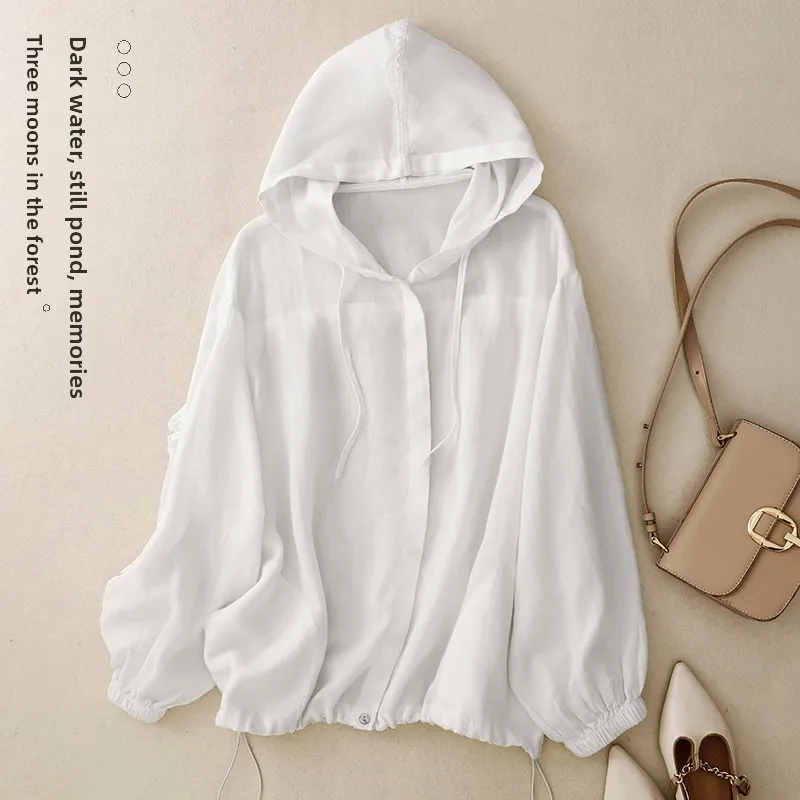 

White Open Cardigan Summer New Loose Artistic Large Size Flax Women's Hat Long Sve Sun Protection Clothing Button up irt