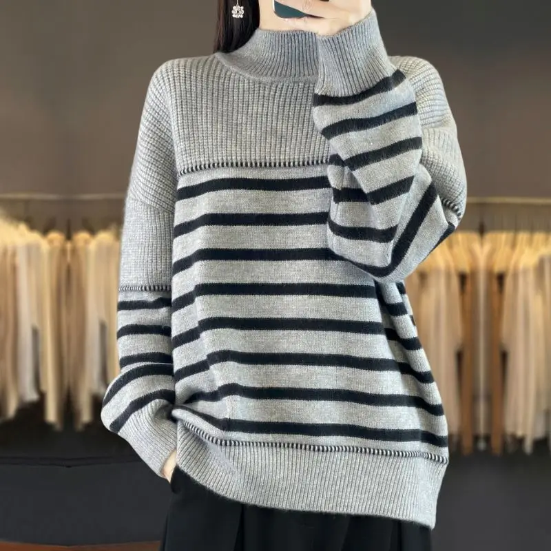 

Casual Striped Long Sleeve Knitwear Woman Clothes New Turtleneck Warm Pullover Sweater Tops Knit Spring Autumn Woolen Jumper