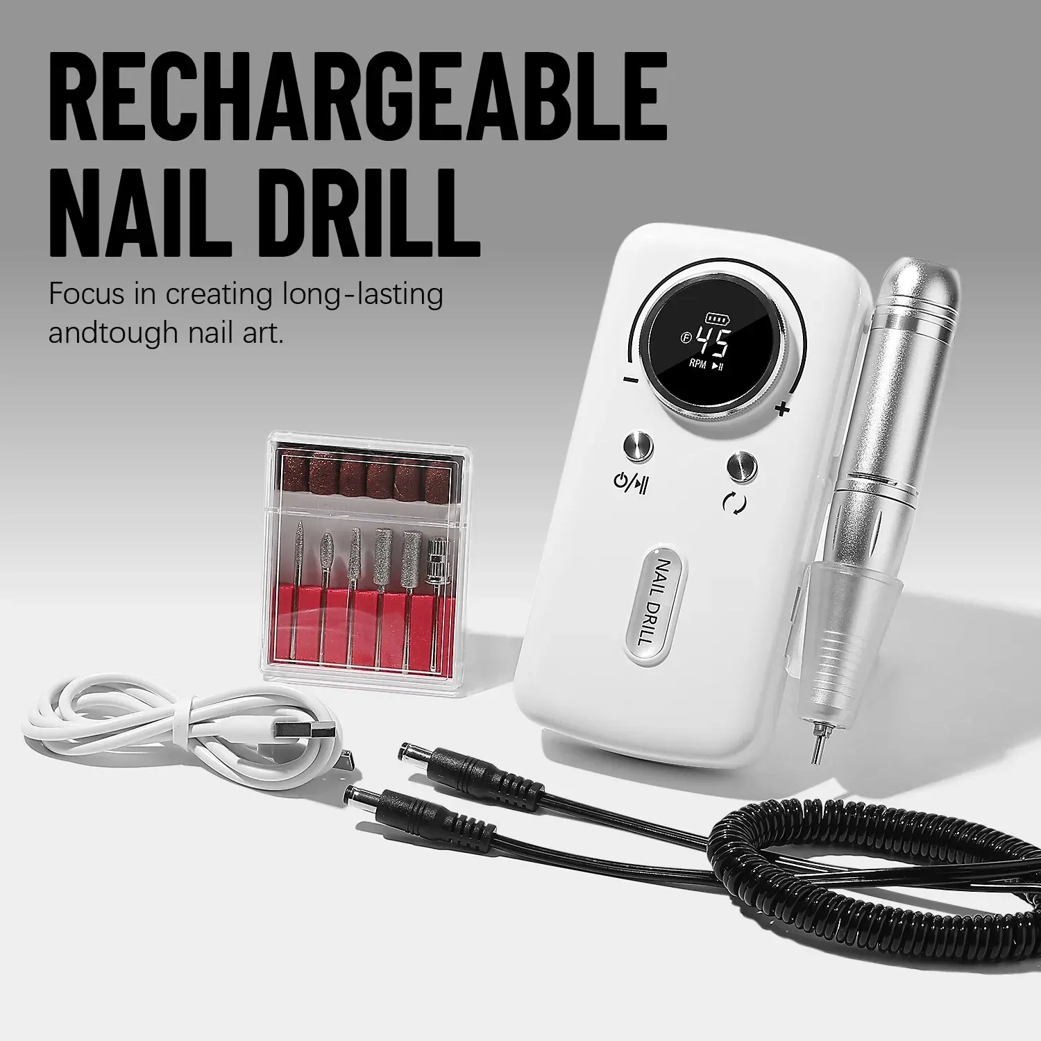 45000RPM Electric Nail Drill Machine Com Display LCD Recarregável Nail File Nails Acessórios Gel Nail Polish Sander Baixo Ruído