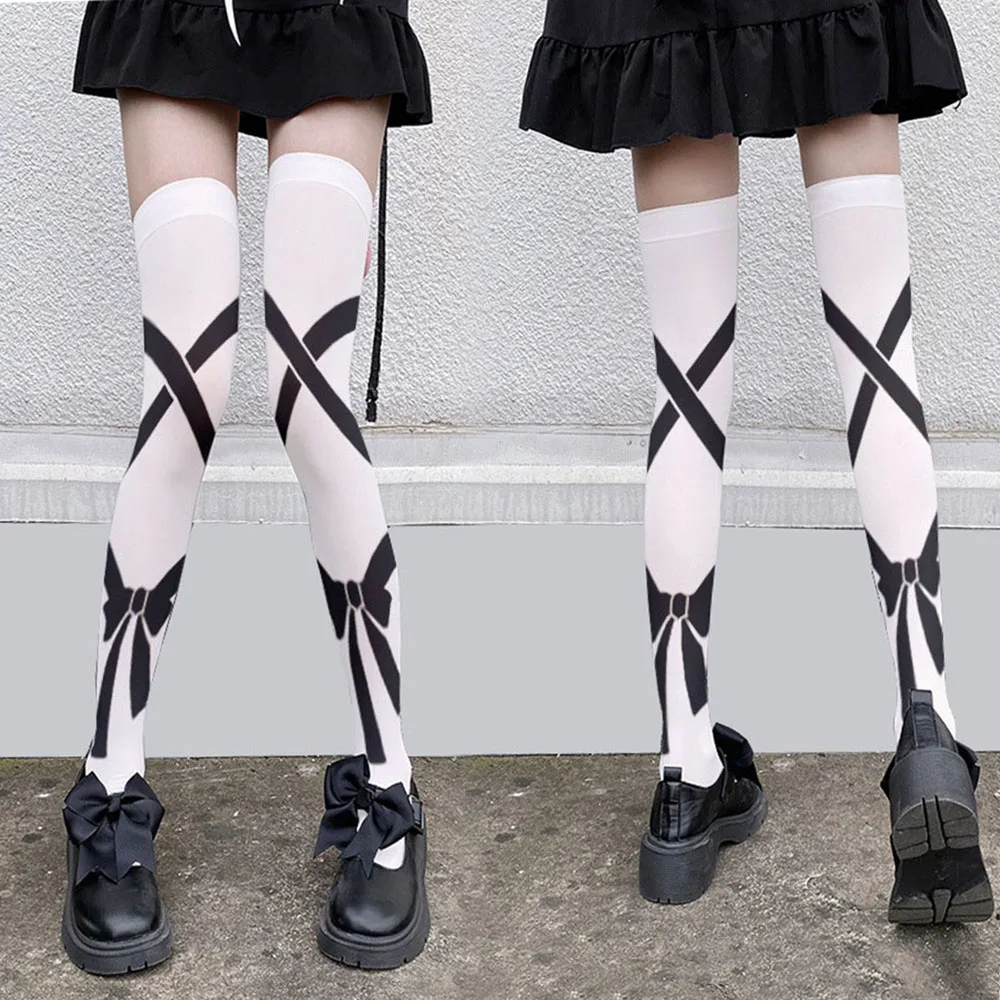 Sexy Bow Printed Wihte Long Socks Thin Women Over Knee Thigh High Socks Cute Bownot Lolita Over The Knee Stockings Cosplay