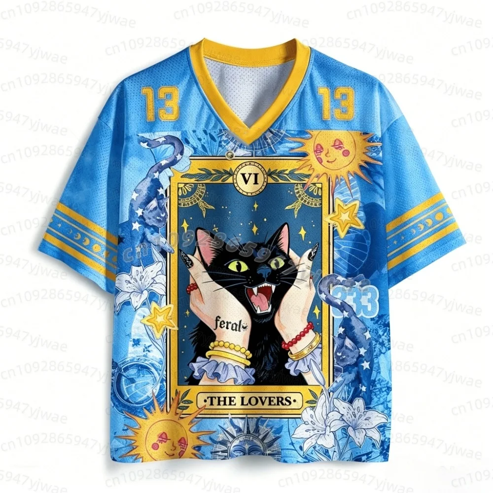 2026 JAPANESE Couple Tarot Black Cat No. 13 Jersey with Mysterious Sun and Moon Print Purple Mesh V-neck men women T-shirt view 5