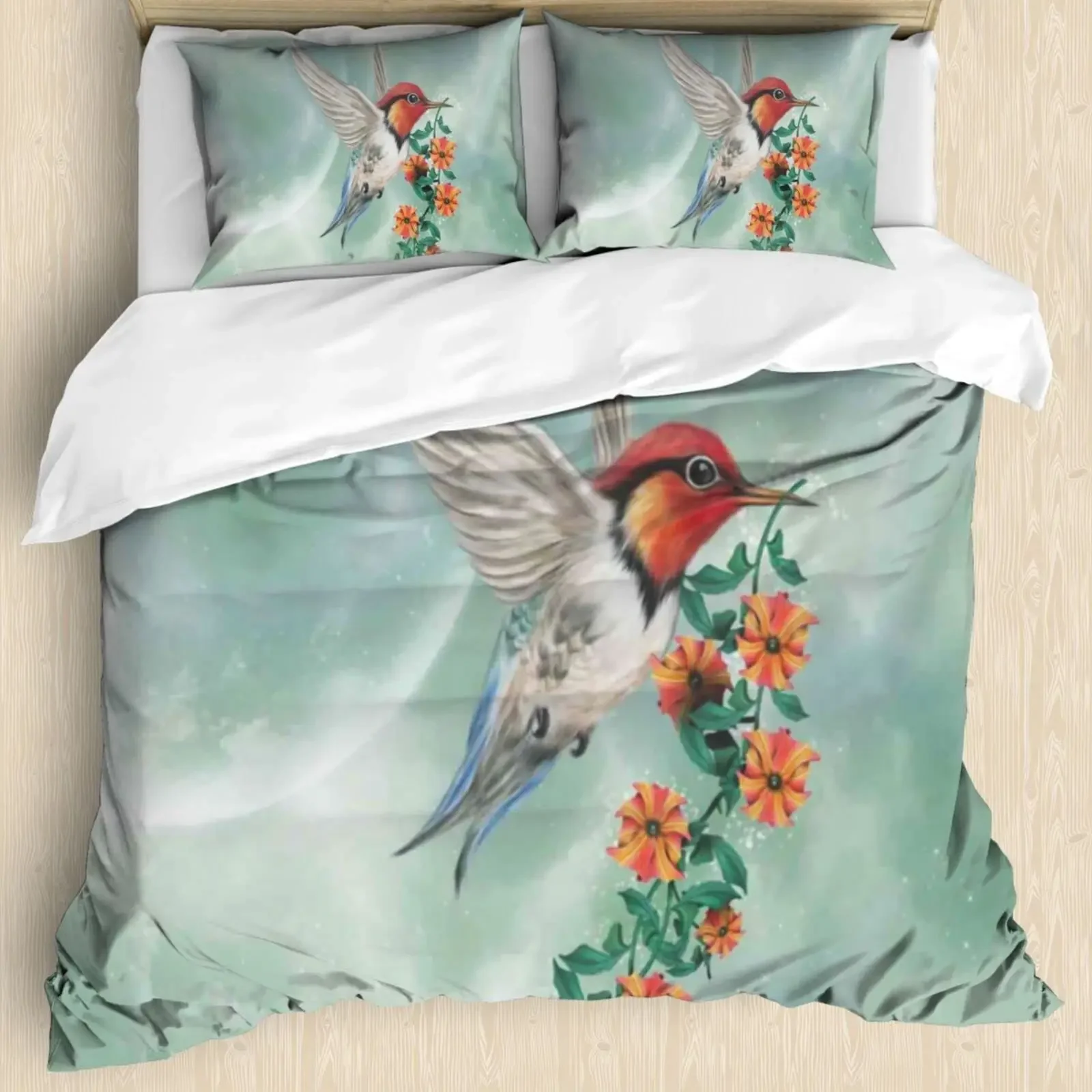Juego de Ropa de Cama con Estampado de Ramo de Flores de Orquídea Colibrí, Juego de Funda Nórdica Acolchada Decorativa de 3 Piezas con 2 Fundas de Almohada, Tamaño Completo