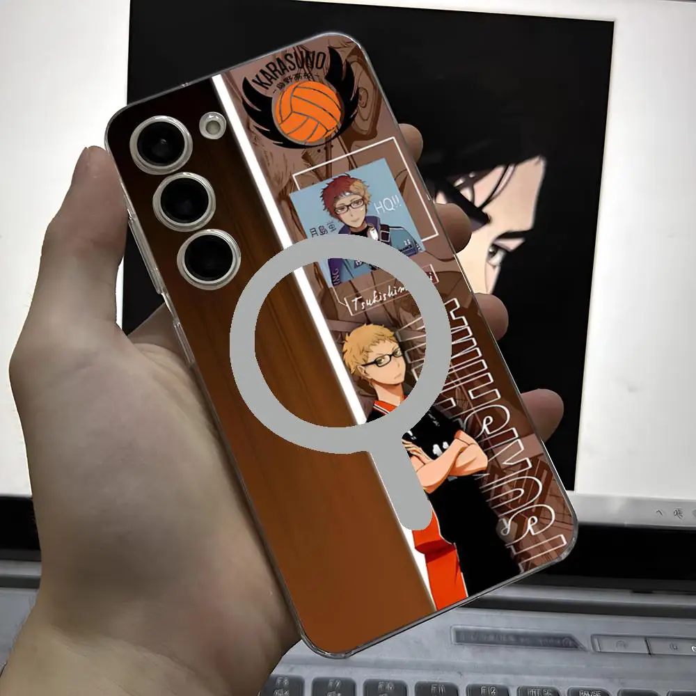 Hot-Blooded Haikyuu Anime Phone Case For Samsung Galaxy S24 S23 S22 S21 Ultra Plus FE Magnetic Suction Transparent Cover