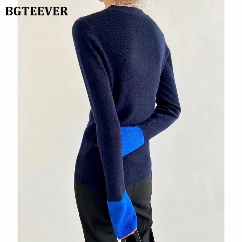 BGTEEVER Autumn Slim V-neck Ladies Knitted Cardigans Stylish Patchwork Long Sleeve Single-breasted Sweaters for Women