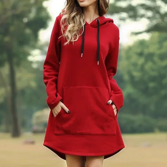 

2025 Autumn and Winter New Autumn and Winter New Women's Clothing Loose Solid Color Pocket Long-sleeved Hoodie Dress