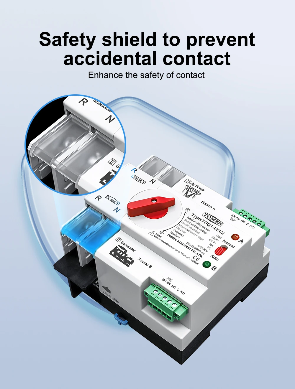 TOMZN Single Phase Din Rail ATS 220V Dual Power Automatic Transfer Electrical Selector Switches Uninterrupted 2P 63A 100A 125A
