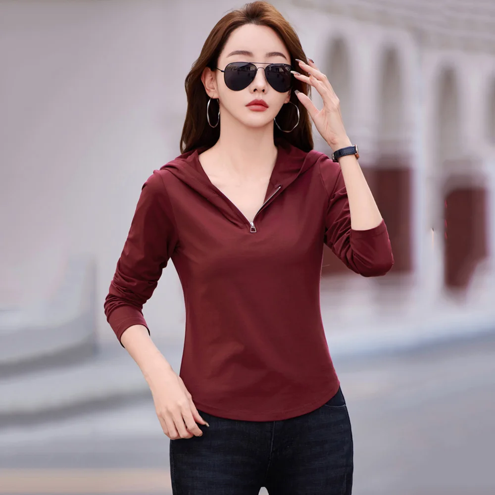 

New Women Spring Summer Zipper Hooded T-shirt Fashion Long Sleeve Loose Fit Cotton Tees Tops Simplicity Casual Thin Sweatshirt