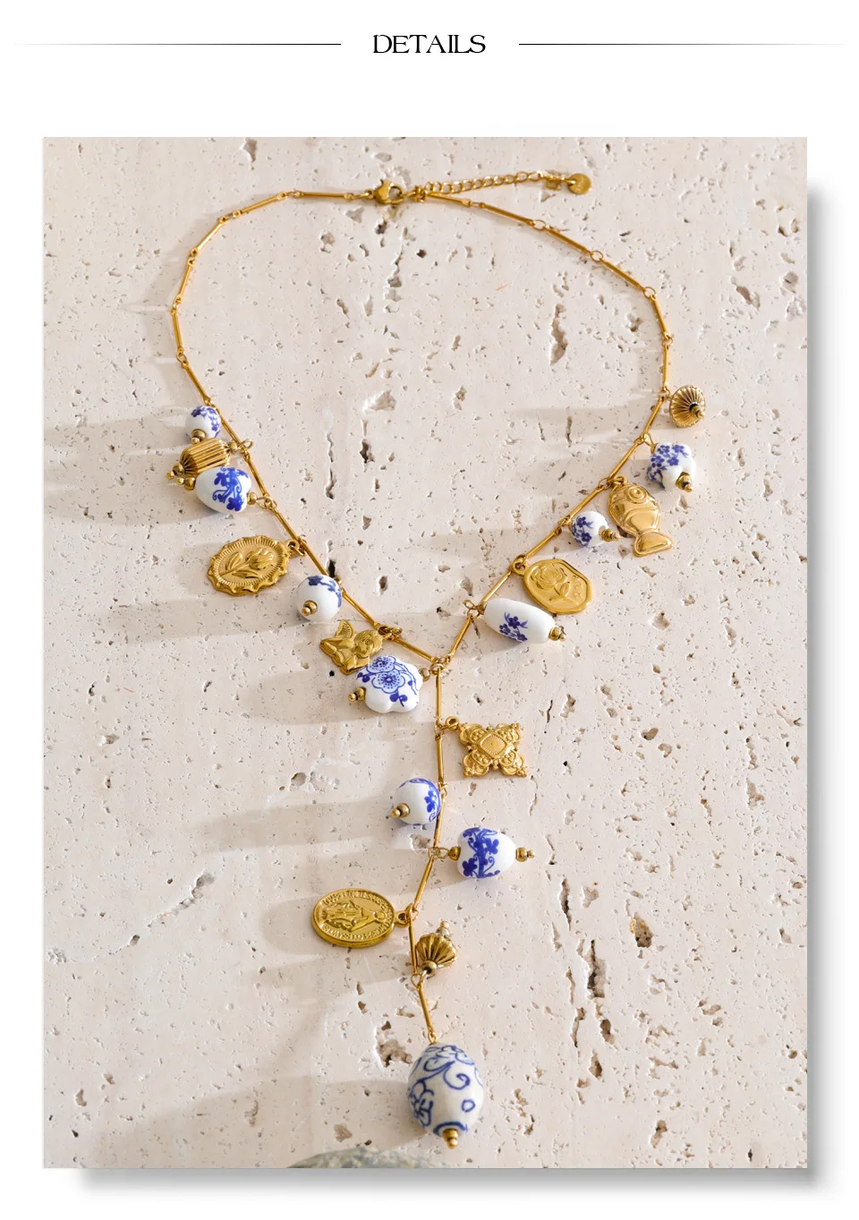 Yhpup Edelstahl-Keramik-Blumenherz-Anhänger Lange Halskette Exklusiver Stil Handgefertigte Perlen Sommer-Trend PVD-Schmuck – Detail 7