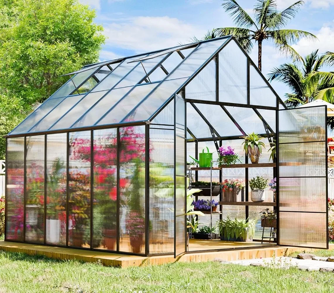 Outdoor Polycarbonate Greenhouse Kit,12x10x10 FT Large Outsides Aluminum Frame Heavy Duty Green House.