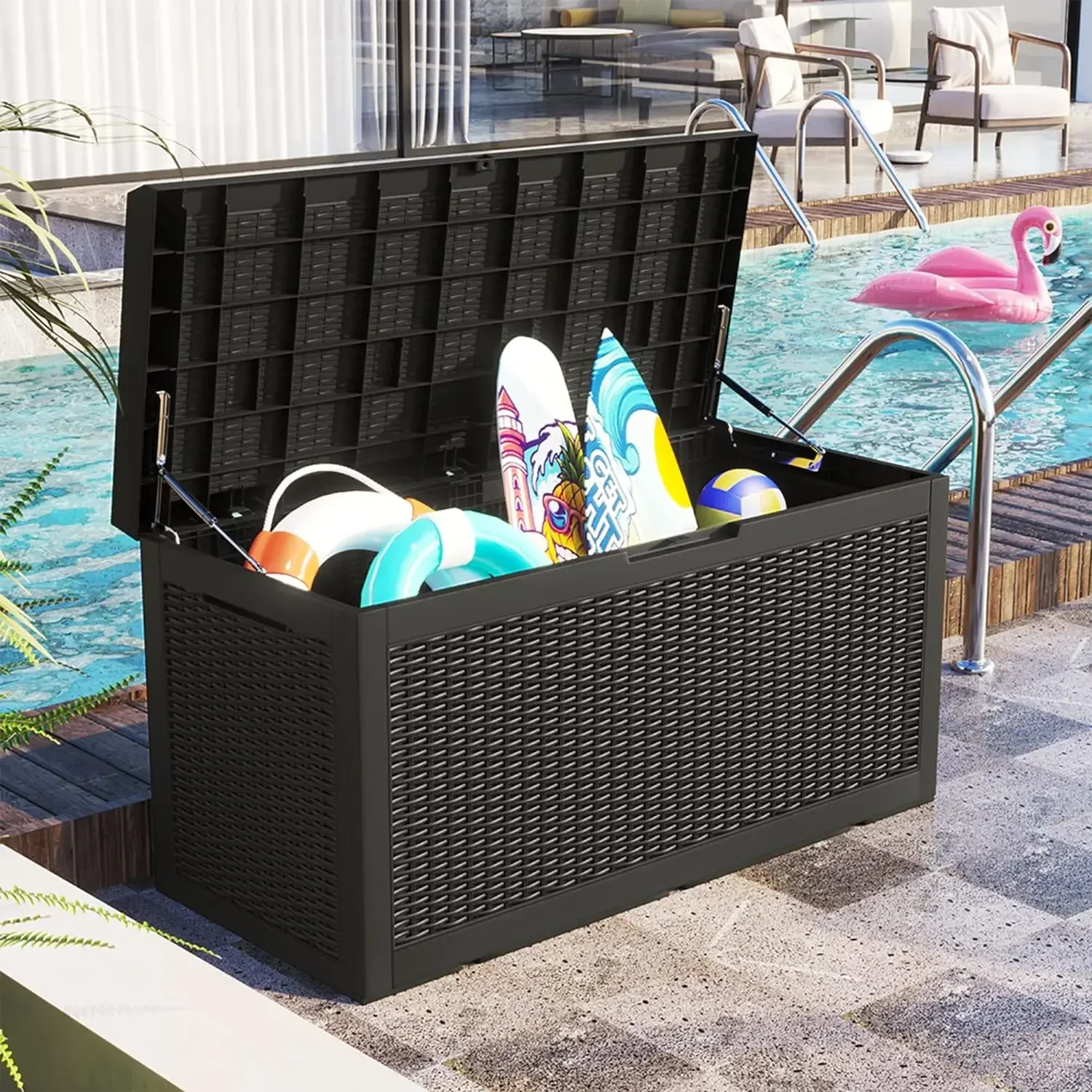 

y Deck Box with Cushion 100 Gallon Resin Waterproof Box Large Outdoor Storage Bench for Patio Cushions, Toys, Pool Accessories