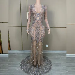 Sexy Luxurious Full Crystals Big Train Stretch Dress Evening Birthday Celebrate Party Dance Rhinestones Photoshoot Costume