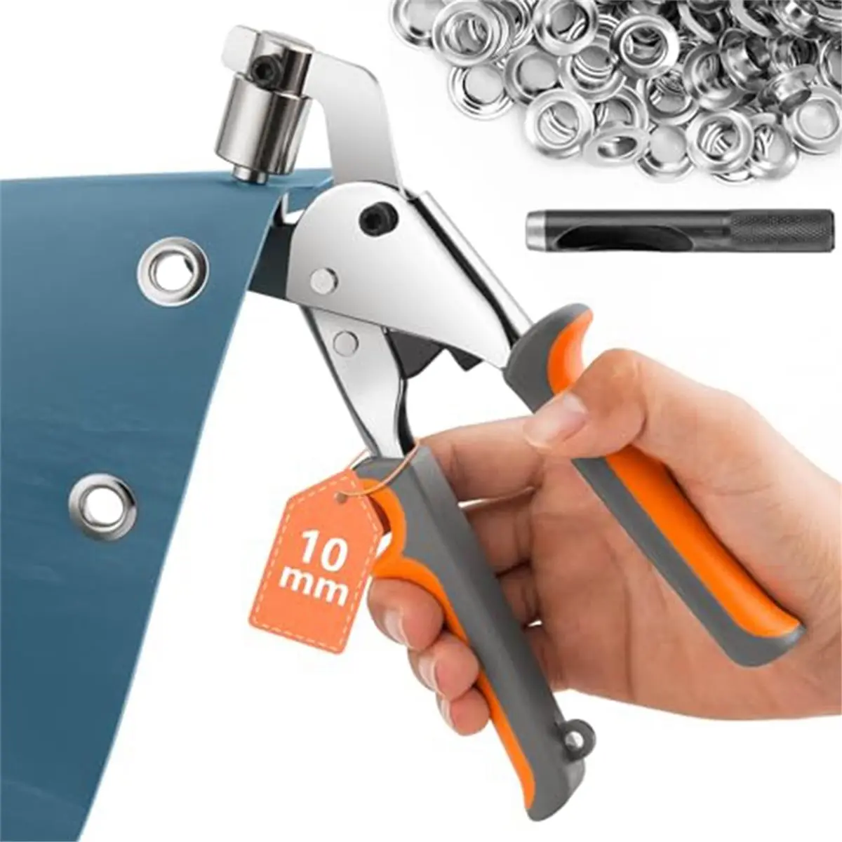AT16 Grommet Pliers Kit 10mm - Handheld Eyelet Punch Plier Set for Leather, Canvas, DIY Clothing & Tarp Rings