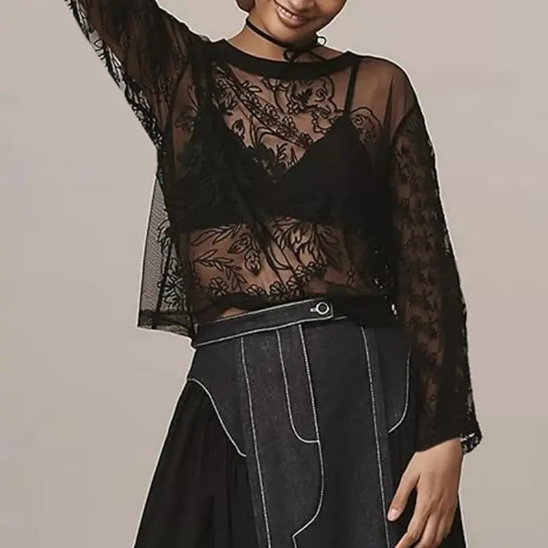 

Women Chic Aesthetic Floral Embroidery See-through Blouse Tee Long Sleeve Round-Neck Loose Fit Mesh Shirts Streetwear