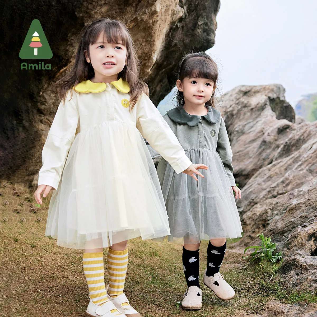 Amila Baby Dress 2024 Autumn New Style Girls Sweet Solid Color Corduroy Doll Collar Loose Casual Lantern Sleeve Soft Gauze Skirt