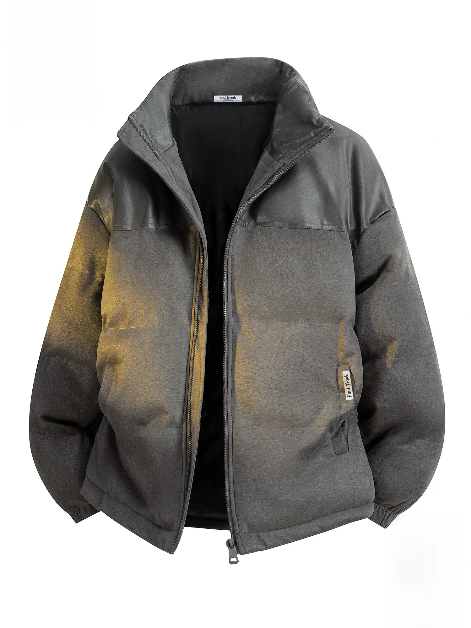 

PaulFrank Thiened Stand Collar Cotton Jaet Men's Winter Simple High-End PU Leather Patchwork Cotton Coat Outerwear