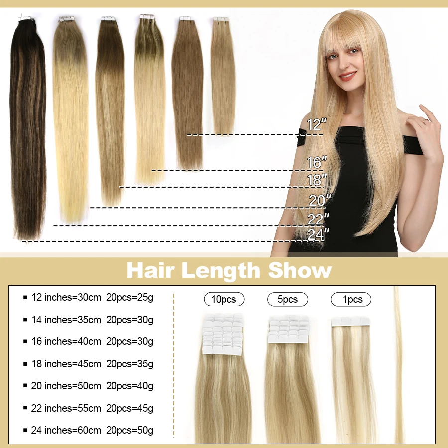 ZURIA 15 Colors Straight Mini Tape In Human Hair Extensions Invisible Skin Weft Adhesive Natural Non-Remy Real Wigs For Women