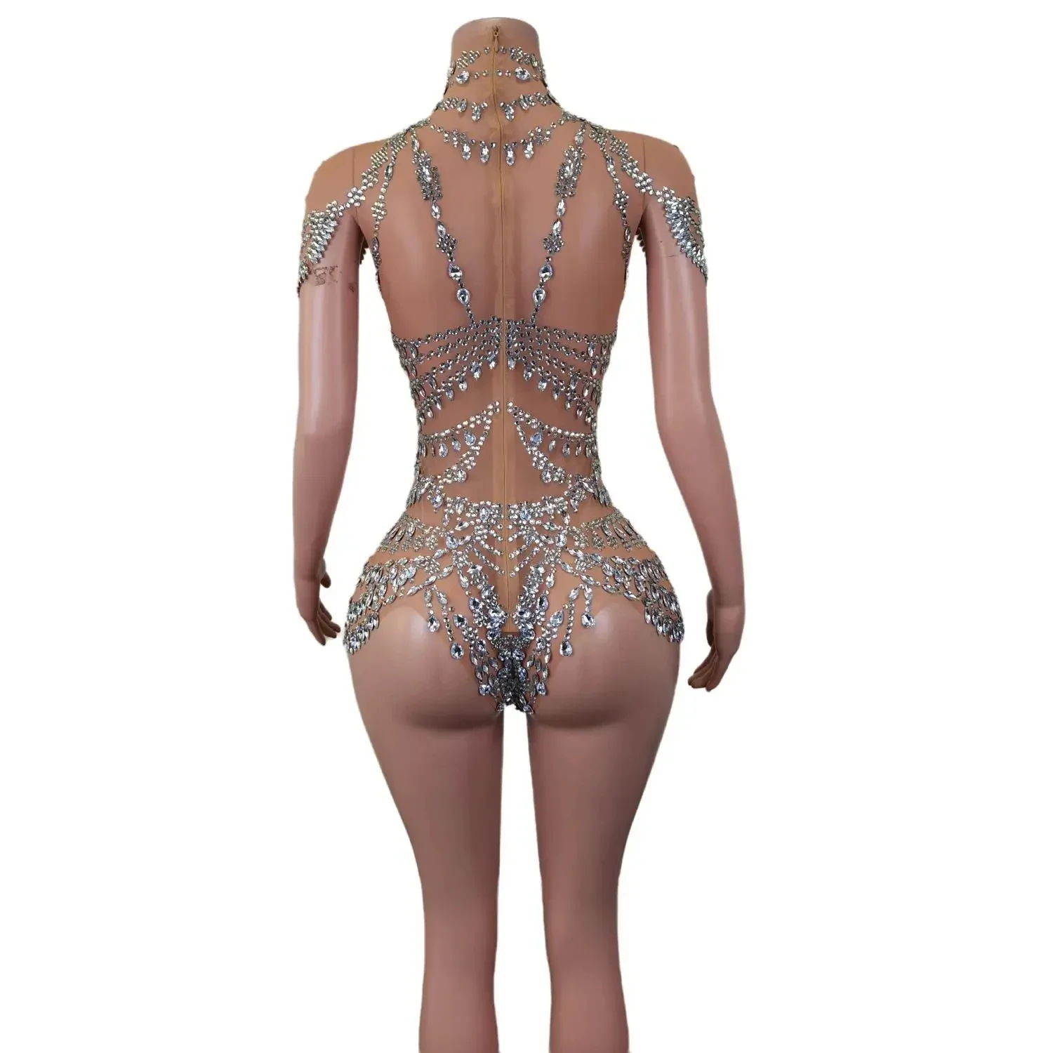 Sexy Stage Sparkly Rhinestone Bodysuits Luxury Women Party Prom Ball One Piece Stretch Sheer Mesh Short Dance Drag Queen Costume