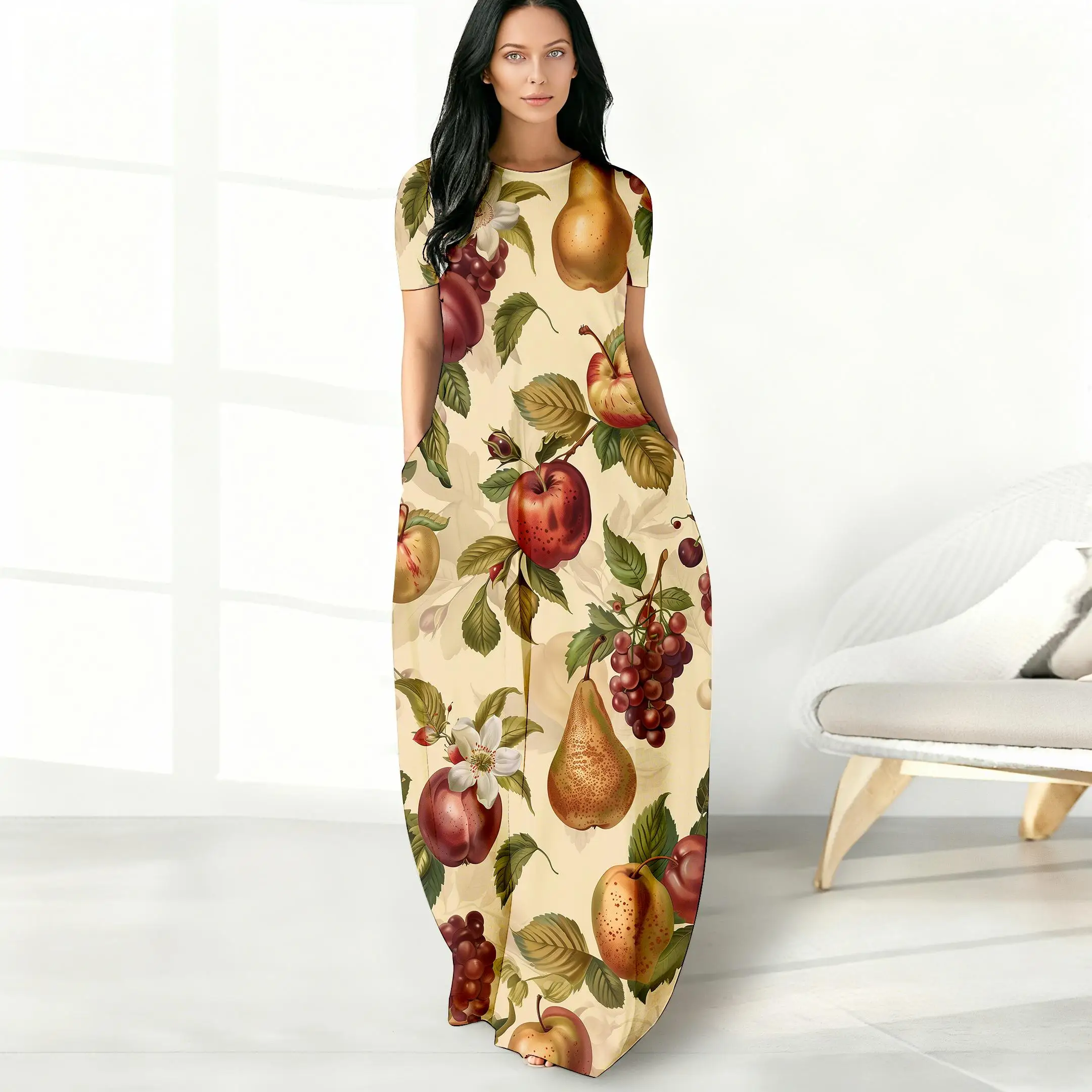 

Beach Vacation Style Fruit 3d Print Dress Temperament Elegant Vintage Women's Long Dress Casual Breathable Short Sleeve Dresses