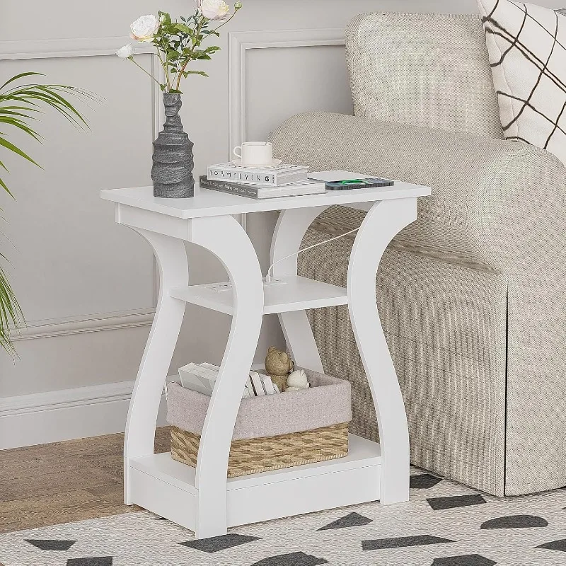 End Table with Charging Station, Side Table with USB Ports and Outlets, Nightstand, 3 Tier End Table with Storage Shelf