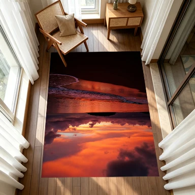 Fiery Orange Cloud Beach Sunset Seascape Carpet Flooring, Dramatic Ocean View Non-Slip Area Rug for Living Room Bedroom Home Decor