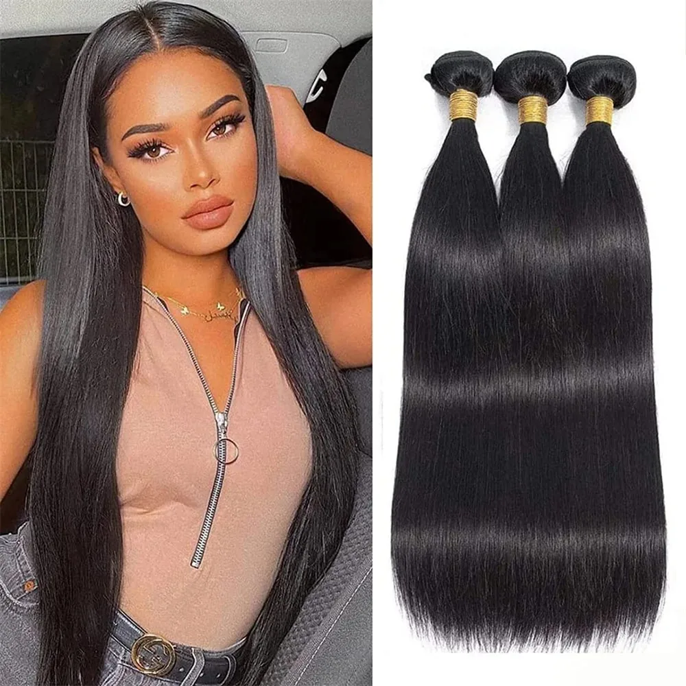 Bundel lurus tulang 1/3/4 buah wanita hitam alami dijahit dalam ekstensi rambut manusia Remy paket rambut manusia lurus Brasil murah