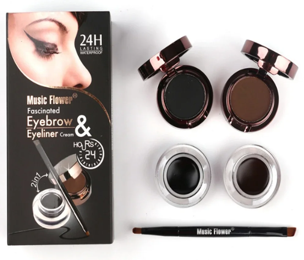 Music Flower Make up 4in1 Brown + Black Eye liner Brow Gel With Brush Makeup Eyeliner Eyebrow Kit Set Powder Waterproof Cosmetic