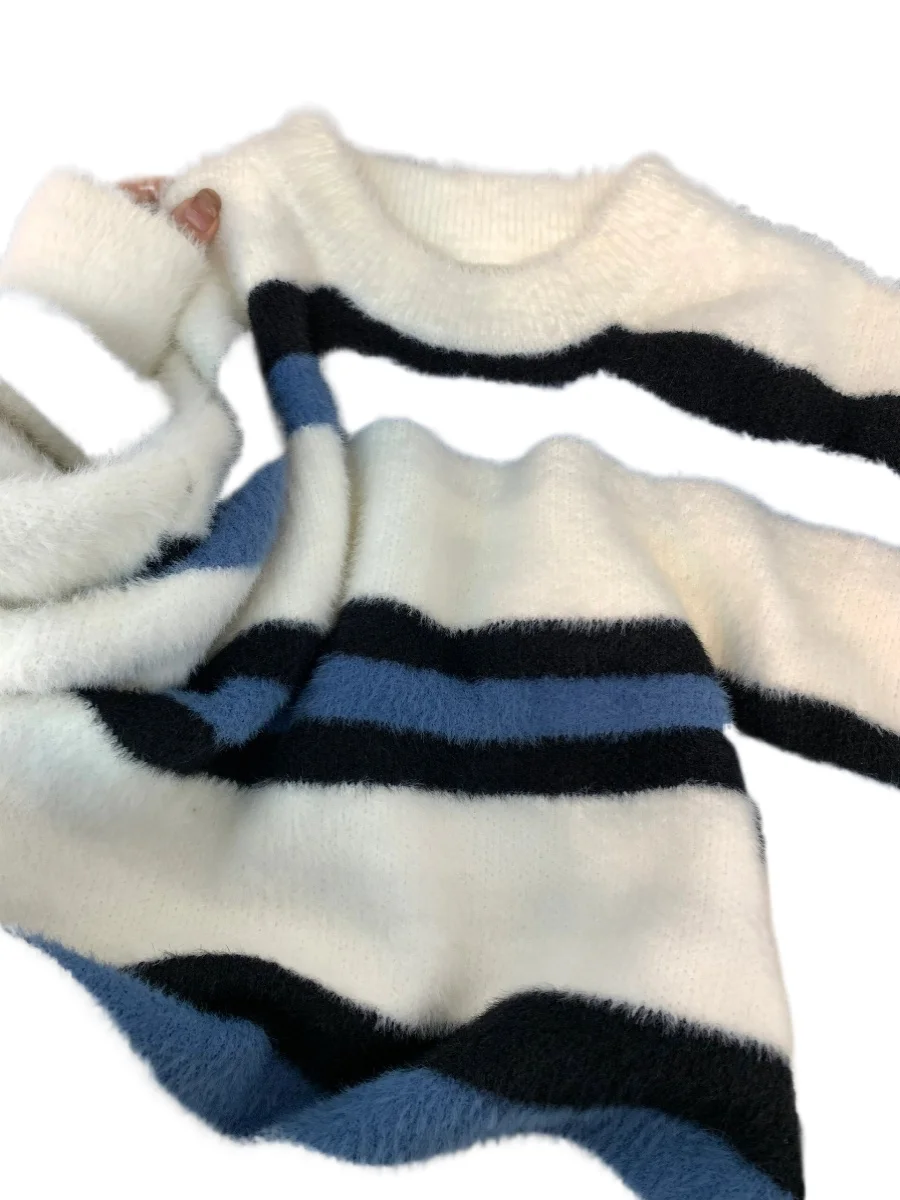 

Полосатый мохеровый меховой свитер, женский осенне-зимний утолщенный мягкий вязаный пуловер, цветной свободный топ с длинными рукавами и круглым вырезом