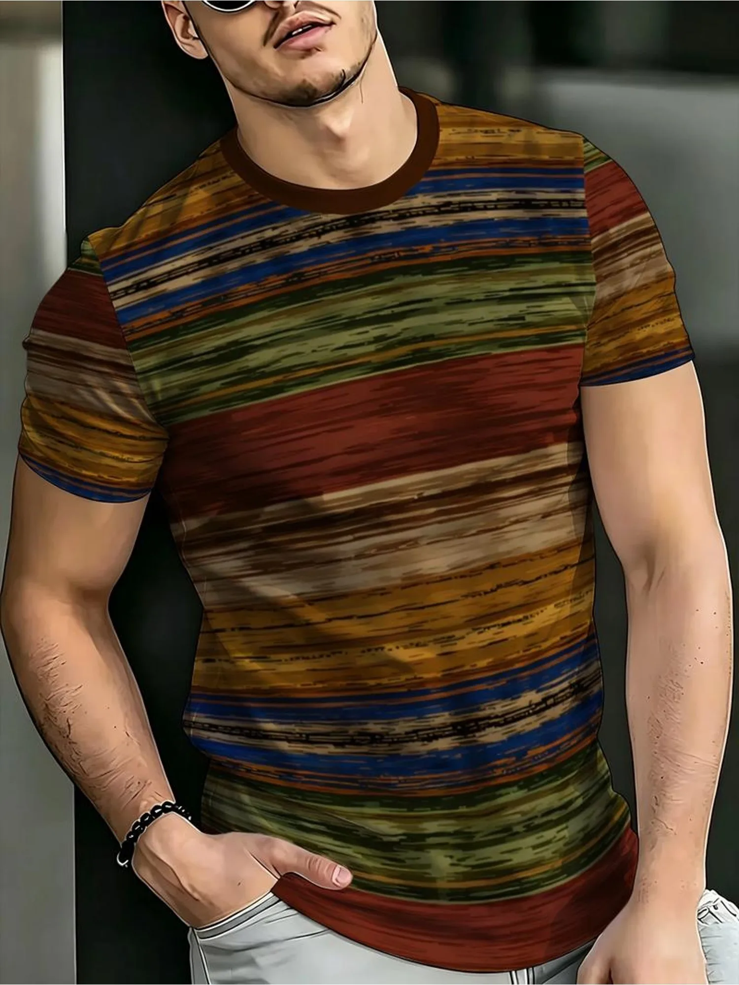 New men's short-sleeve T-shirt, loose-fitting and tailored with printed designs, versatile basic crew-neck top suitable for spri