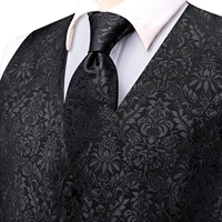 Hi-Tie-chalecos de traje de seda negra para hombre, chaleco tejido Floral, corbata de bolsillo, gemelos cuadrados, chaqueta de cintura para vestido de boda de negocios, 4 piezas