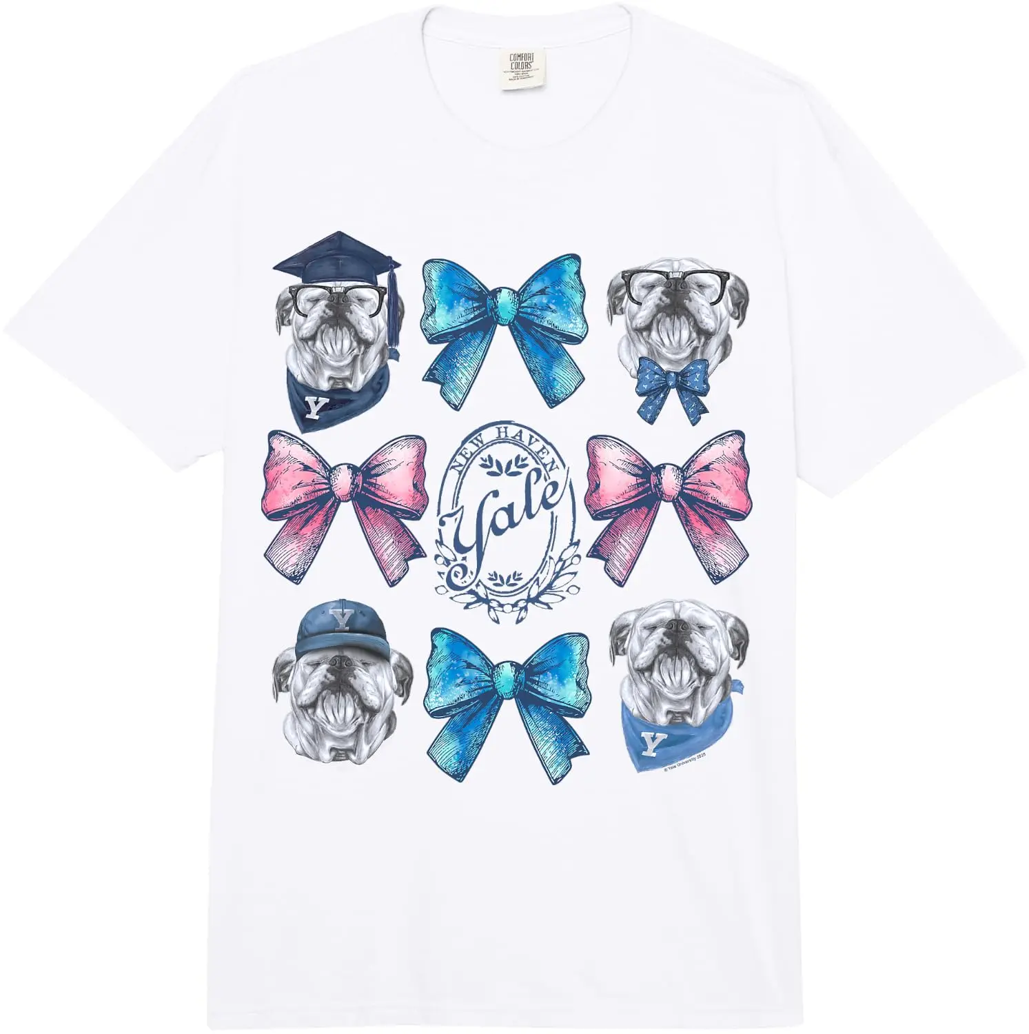 New Haven Yale Handsome Dan Grid Of Bows Comfort Colors Adult Heavyweight T-Shirt 100% Cotton Trendy Y2K Short-Sleeve Tee-Soft,