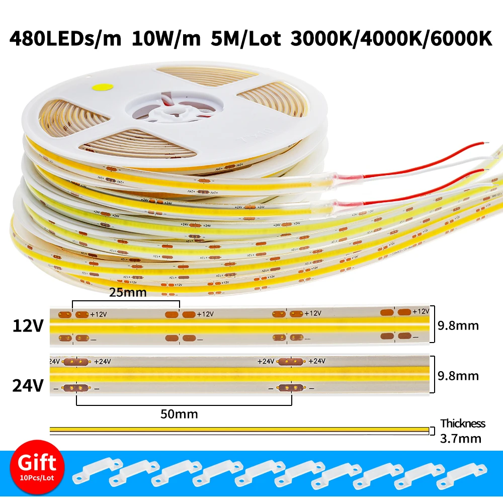 IP68 5M/Lot COB LED Strip 480Leds/m High Density Flexible Tape 3000K 4000K 6000K DC12V 24V Light for Swimming Poor Sauna Room