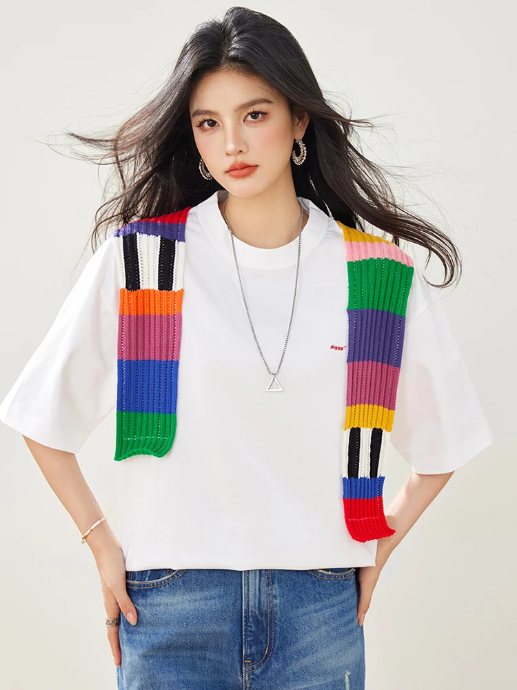 Women Fashion Splicing Design T-shirt 2025 Summer New Round Neck Short Sleeve T-shirts Versatile Casual Loose Solid Color Tops