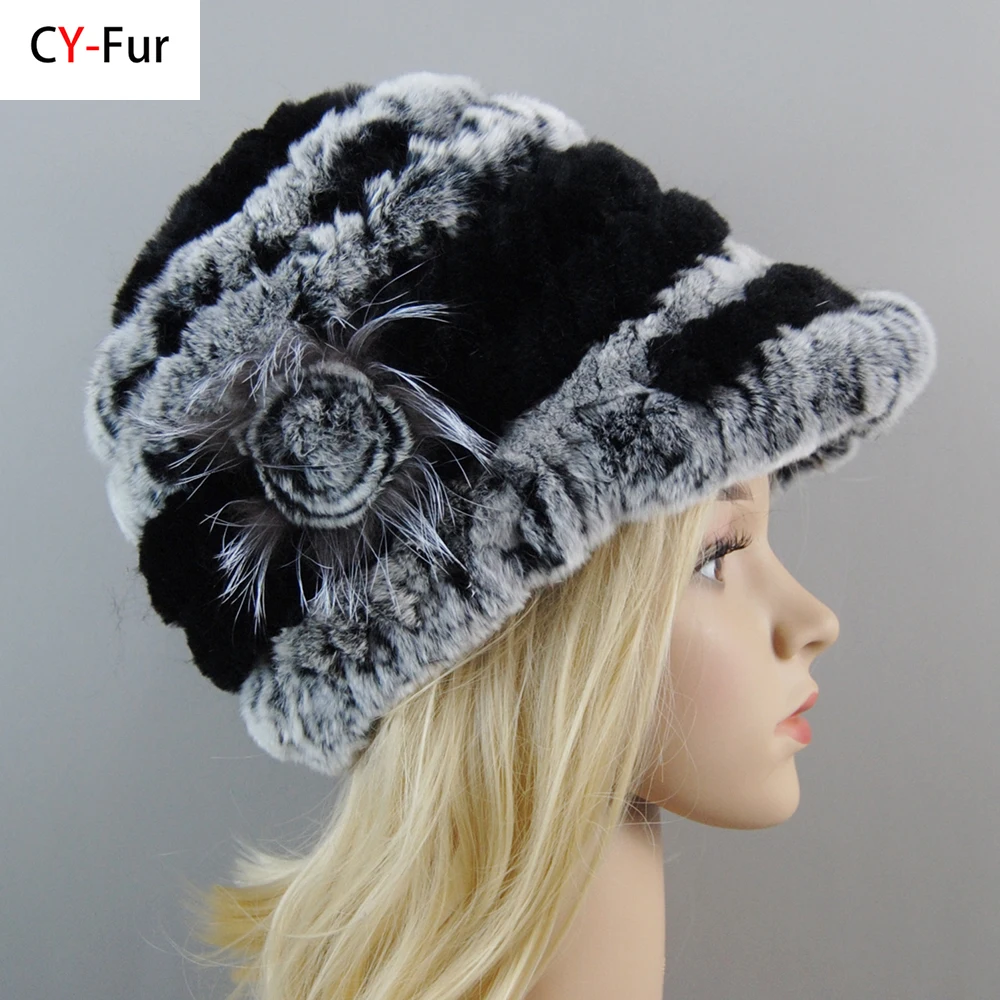 Brand Russia Women Knit Stripe Real Rex Rabbit Fur Beanies Hats Winter Warm Genuine Rex Rabbit Fur Hat Lady 100% Natural Fur Cap