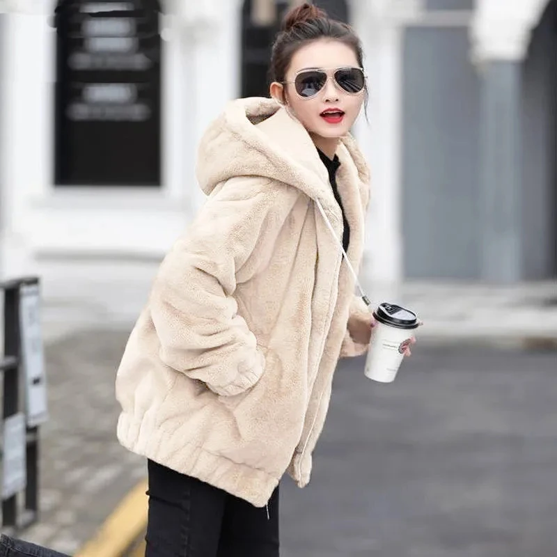 High-End Faux Fur Coat Fashion Add Velvet Thicken Rabbit Fur Hooded Women's Jacket 2023 NEW Autumn Winter Warm Casual Outerwear