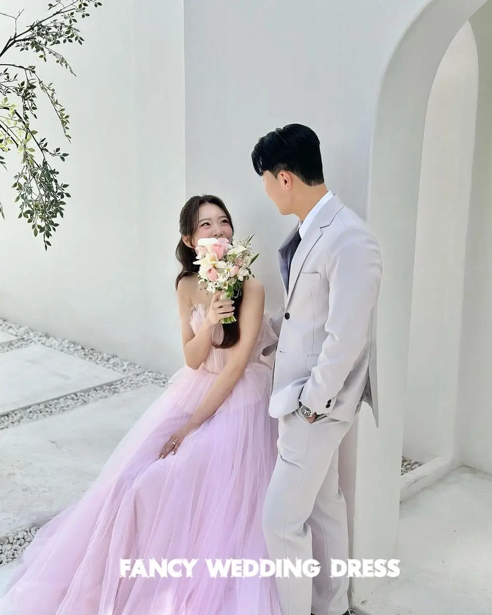 Fancy Korea Pink Strapless Wedding Dress Photo Shoot A Line Soft Tulle Sleeveless Bridal Gown Floor Length Back Corset Dresses