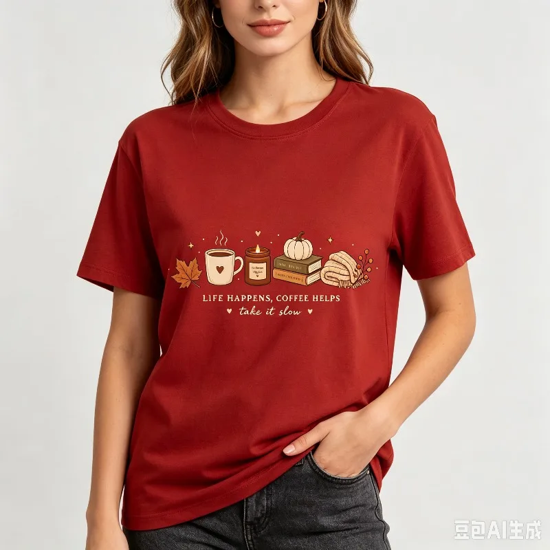 LIFE HAPPENS COFFEE HELPS take it slow Women T-Shirt 100% Cotton Regular Fit Coffee Mug Candle Books Pumpkin Blanket Leaf Tee