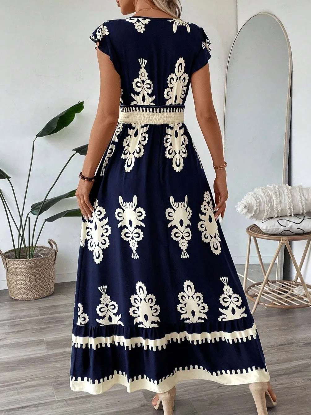 Ele V-ne Printed Waist-cinching Holiday Sle Dr Summer New Faion Fly-sve Long Dr Soft Polyester Fabric