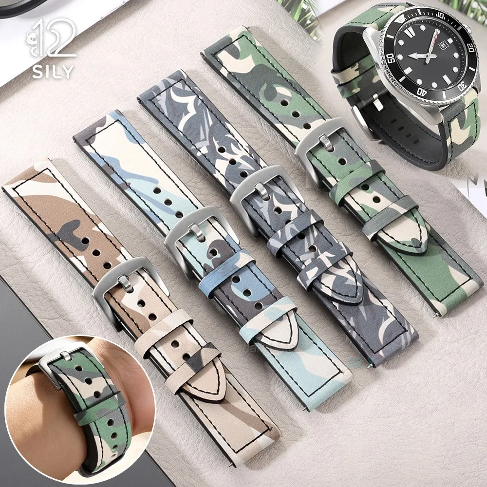 20/22mm Schnellverschluss Tarnfarben-Leder-Uhrenarmband Vintage Outdoor-Sport-Uhrenband Universelles Armband für Männer und Frauen Weicher Handgelenkgürtel