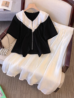 150Kg Plus Size Women's Bust 144 Summer Loose Short Sleeved Ruffle Collar T-Shirt A-Line Skirt Two-Piece Set 4XL 5XL 6XL 7XL 8XL