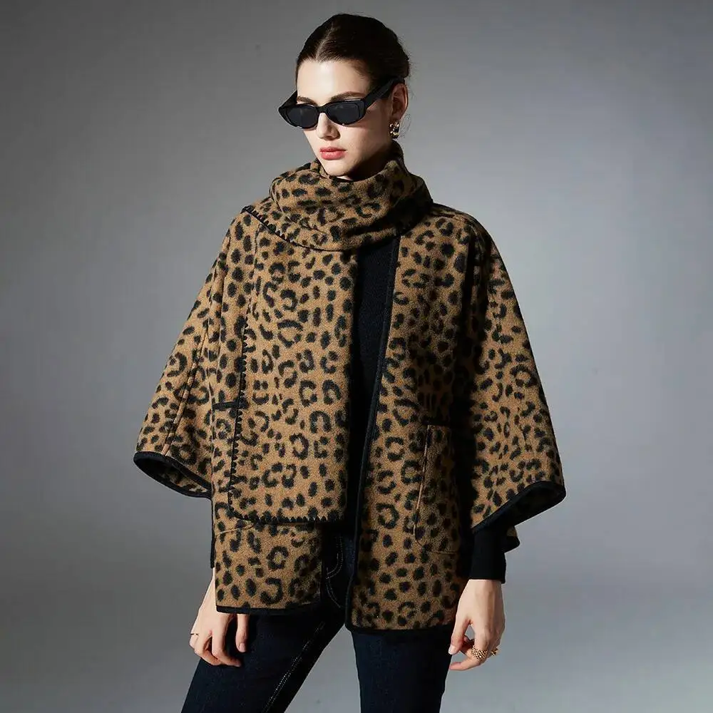 

Fashion Classic Leopard Jacquard Coat Scarf Set Imitate Woolen Cape Noble Women Autumn Winter Loose Outerwear Cloak Pockets