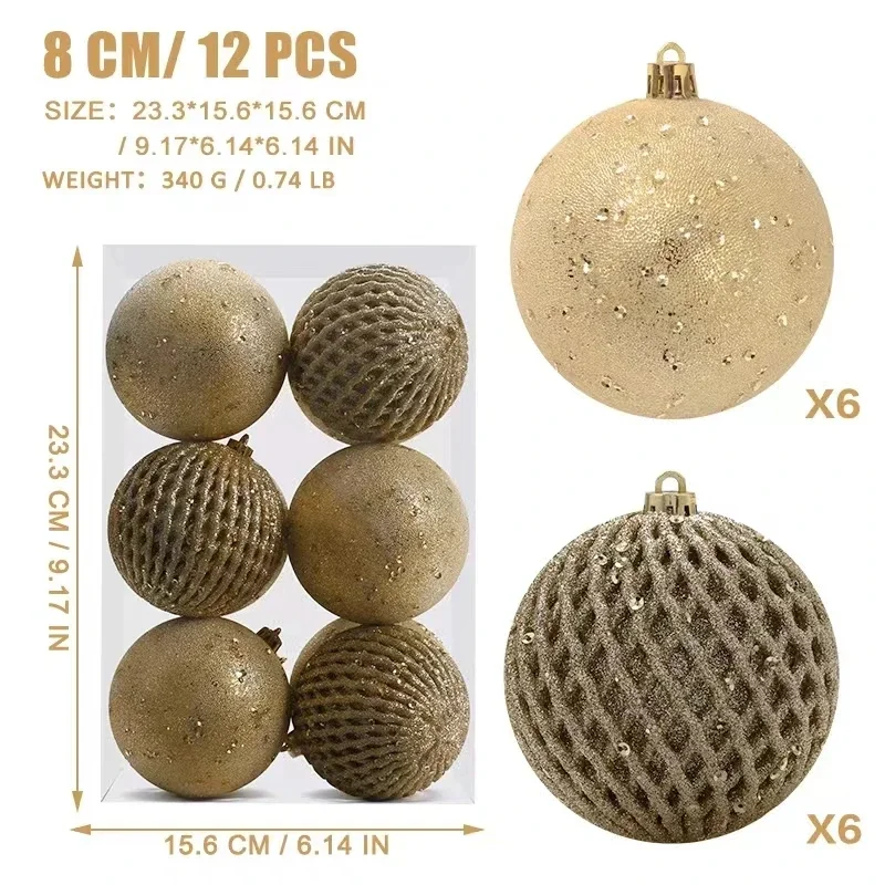 8CM Colorful Christmas Balls 12PCS Big ball Grid stripes Shatterproof Plastic Christmas tree decoration for Xmas Tree Decor