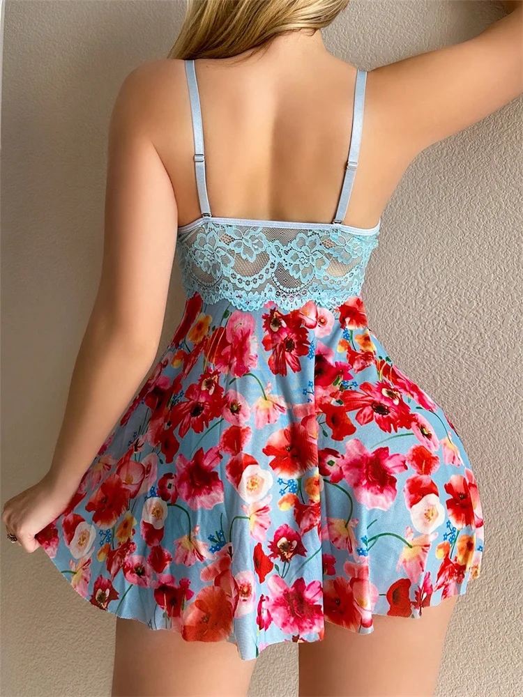 Women Sexy Nightgown Floral Print Pajamas Dress Lace Splicing Nightwear Sleeveless Night Dress Home Wear Baby Doll Sexy Lingerie