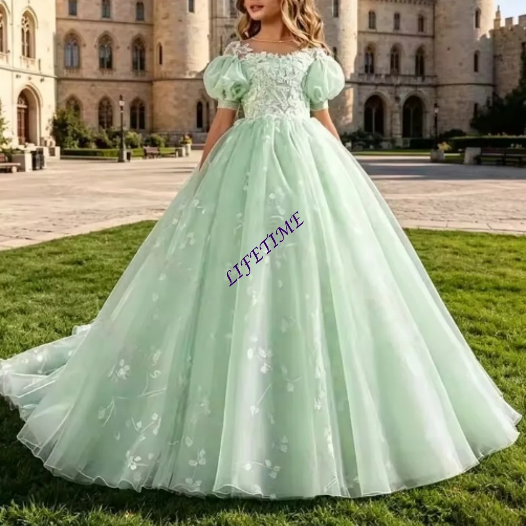 Customized A-line/Princess Lace Flower Girl Dress for Wedding Sheer Neck Puff Sleeve First Communion Kids Birthday Party Dress