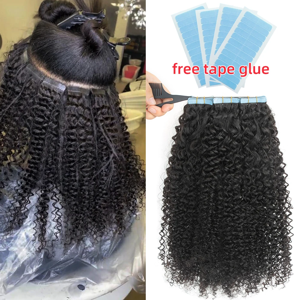 

Afro kinky Curly Tape In Hair Extensions Human Hair Natural Black PU Skin Weft Women Mongolian Curly Tape Ins Hair Extension