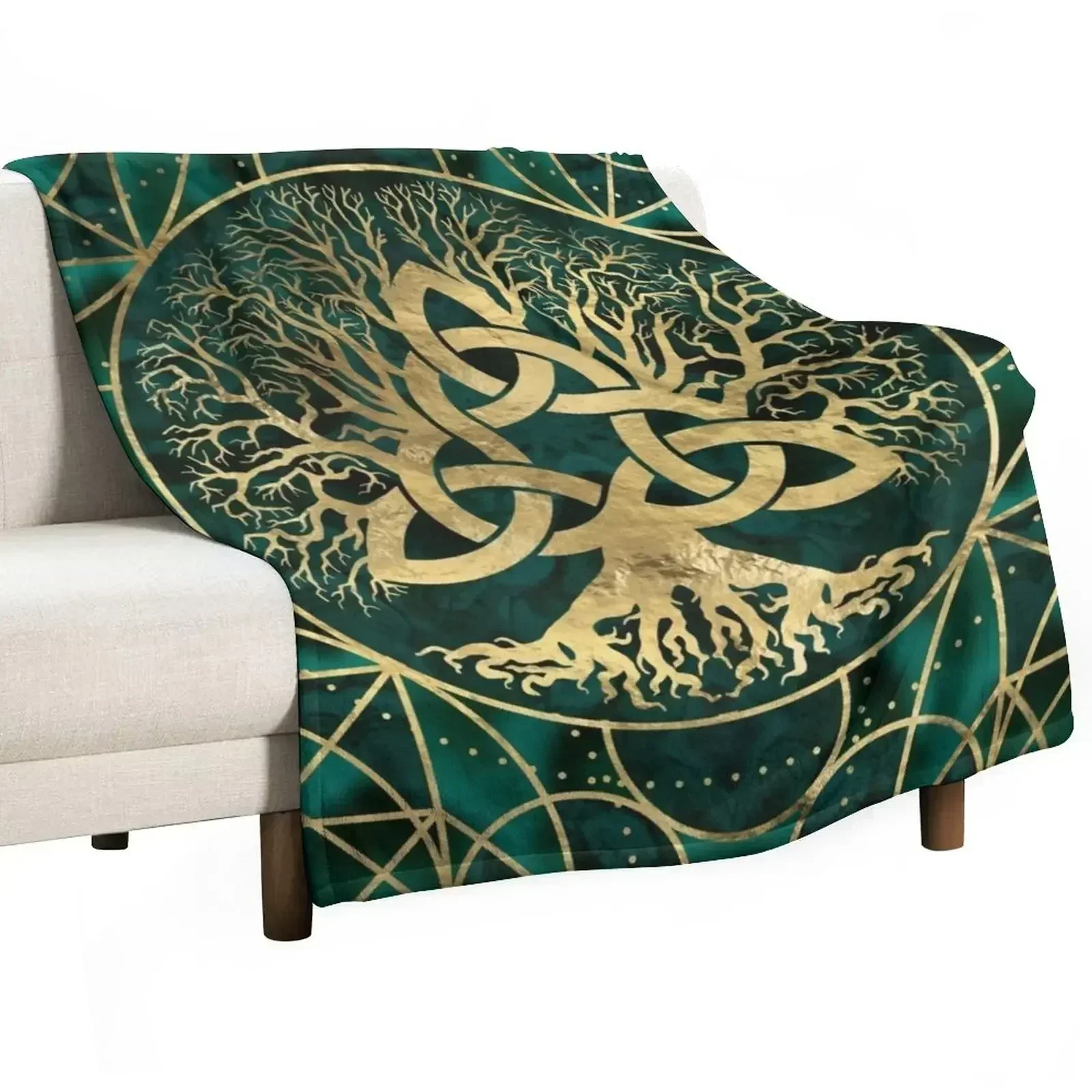 Tree of life with Triquetra Malachite and Gold Throw Blanket Bed Fashionable Luxury Furry heavy to sleep for sofa Polar Blankets