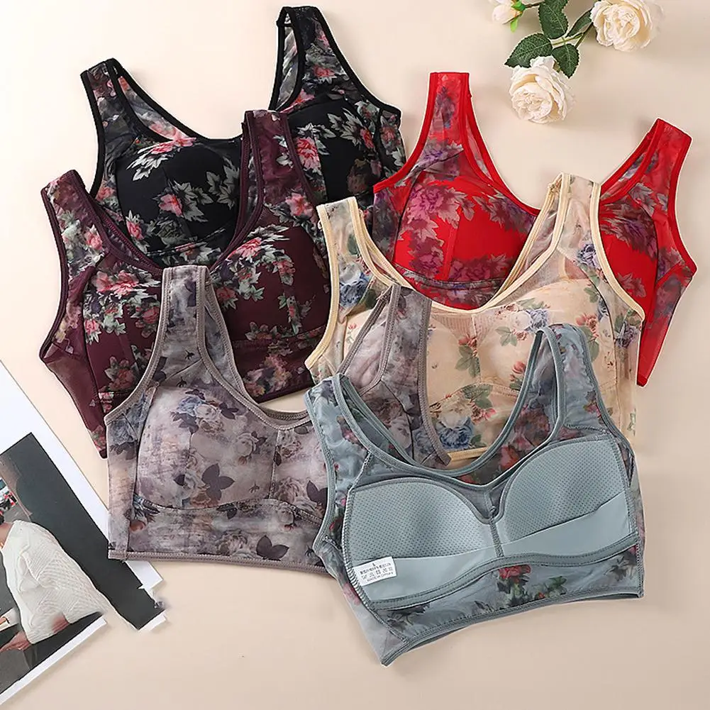 Printed Seamless Lingerie For Women's Plus Size Comfortable Mesh Without Steel Mesh Bra Fashion Anti Sagging Lifting Bra