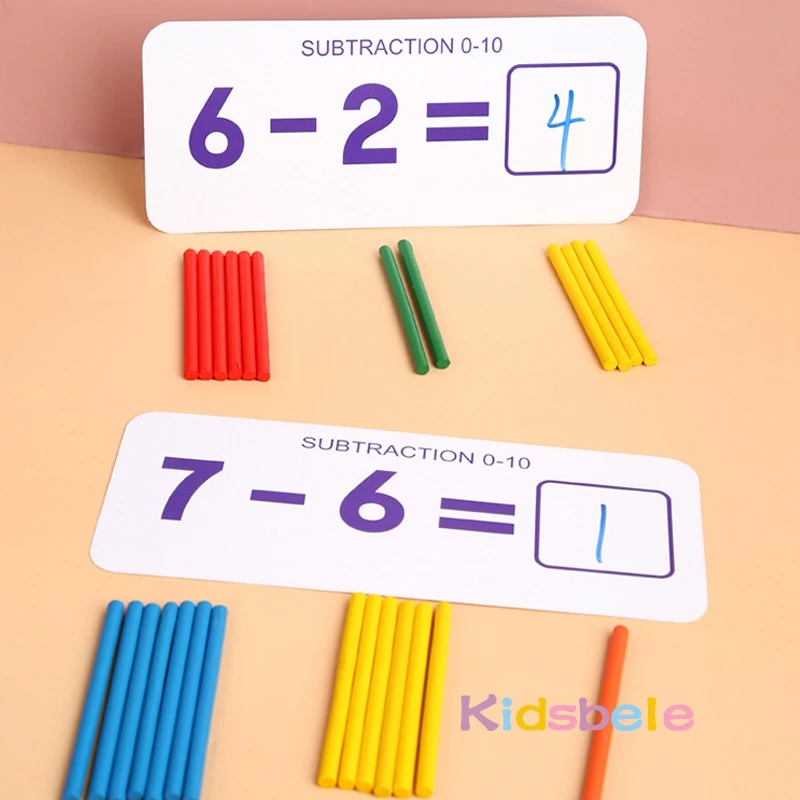 Caja de letras de aprendizaje de matemáticas de madera con palos de contar, bloques manipuladores de matemáticas, cañas de contar, número, forma de animales, tarjeta a juego