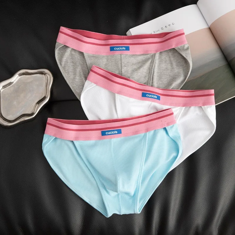 

Sexy Slit Briefs Men's Ribbed Convex Pouch Underpants Comfy Man Triangle Underwear Modal Youth Panties Mid Waist Breathable Pink