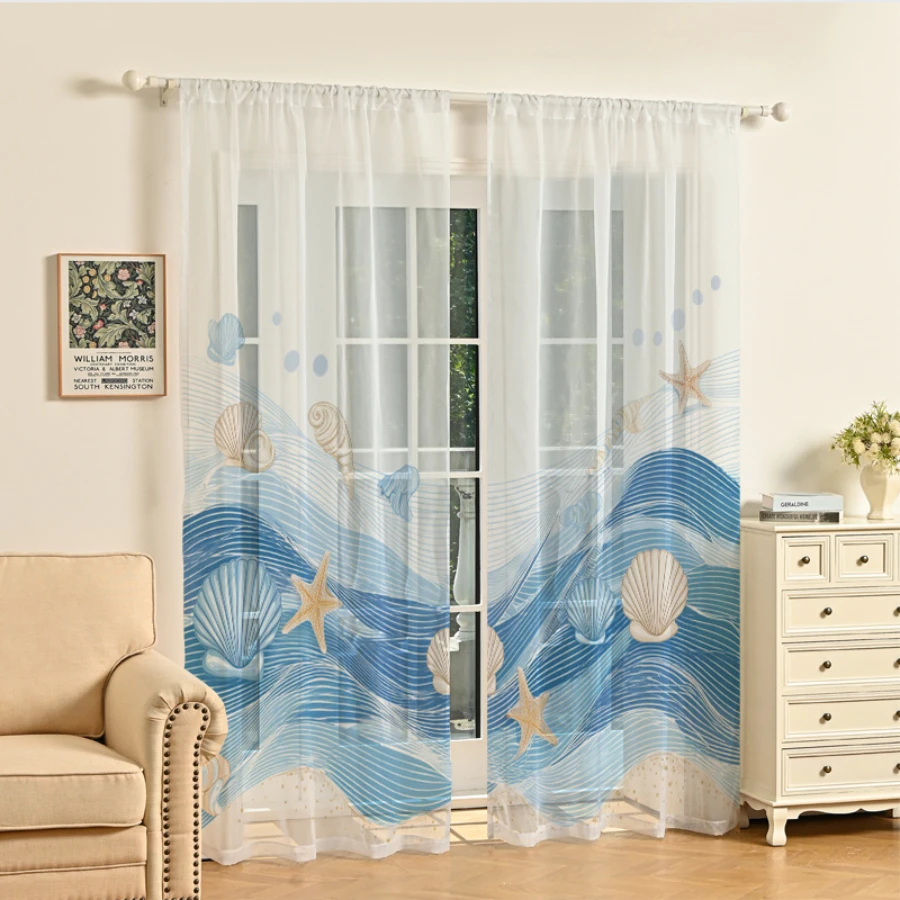 2PCS Digital Print Sheer Curtain, Ocean Wave Shell, Modern Minimalist Window Curtains for Living Room Bedroom Home Decor